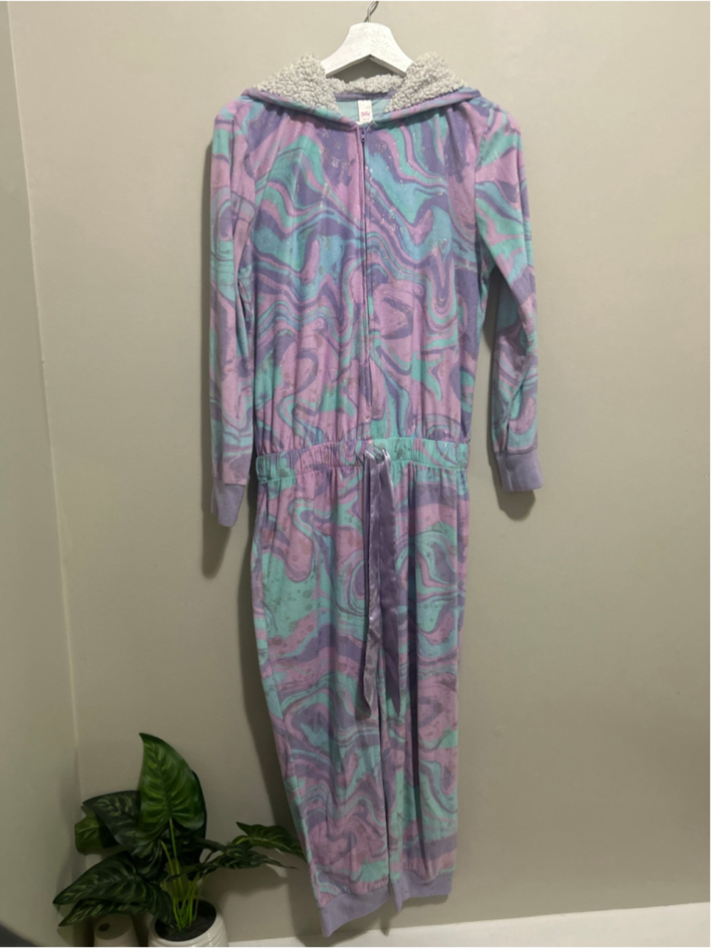 Girls Justice Pajama Set Jumpsuit Size 14 Purple Teal Swirl Hooded